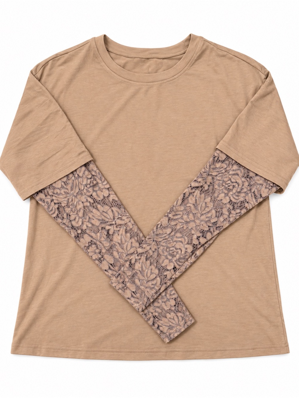 Acelitt Taupe Layered Lace Long Sleeve Top